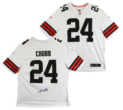 Browns Nick Chubb Authentic Signed White Nike Game Jersey BAS Witness #1W042195