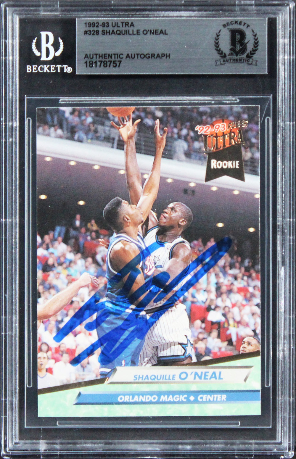 Magic Shaquille O'Neal Authentic Signed 1992 Ultra #328 Rookie Card BAS Slabbed
