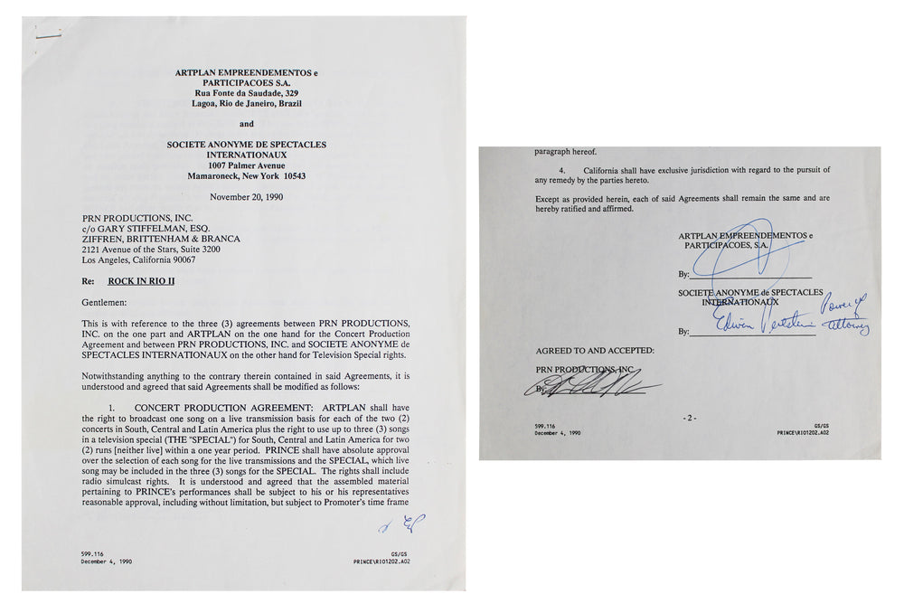 Prince Signed 8.5x11 1991 Rock In Rio II Concert Festival Contract JSA #ZZ41328