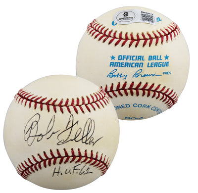 Indians Bob Feller "HOF 62" Authentic Signed Brown OAL Baseball BAS #BW89076