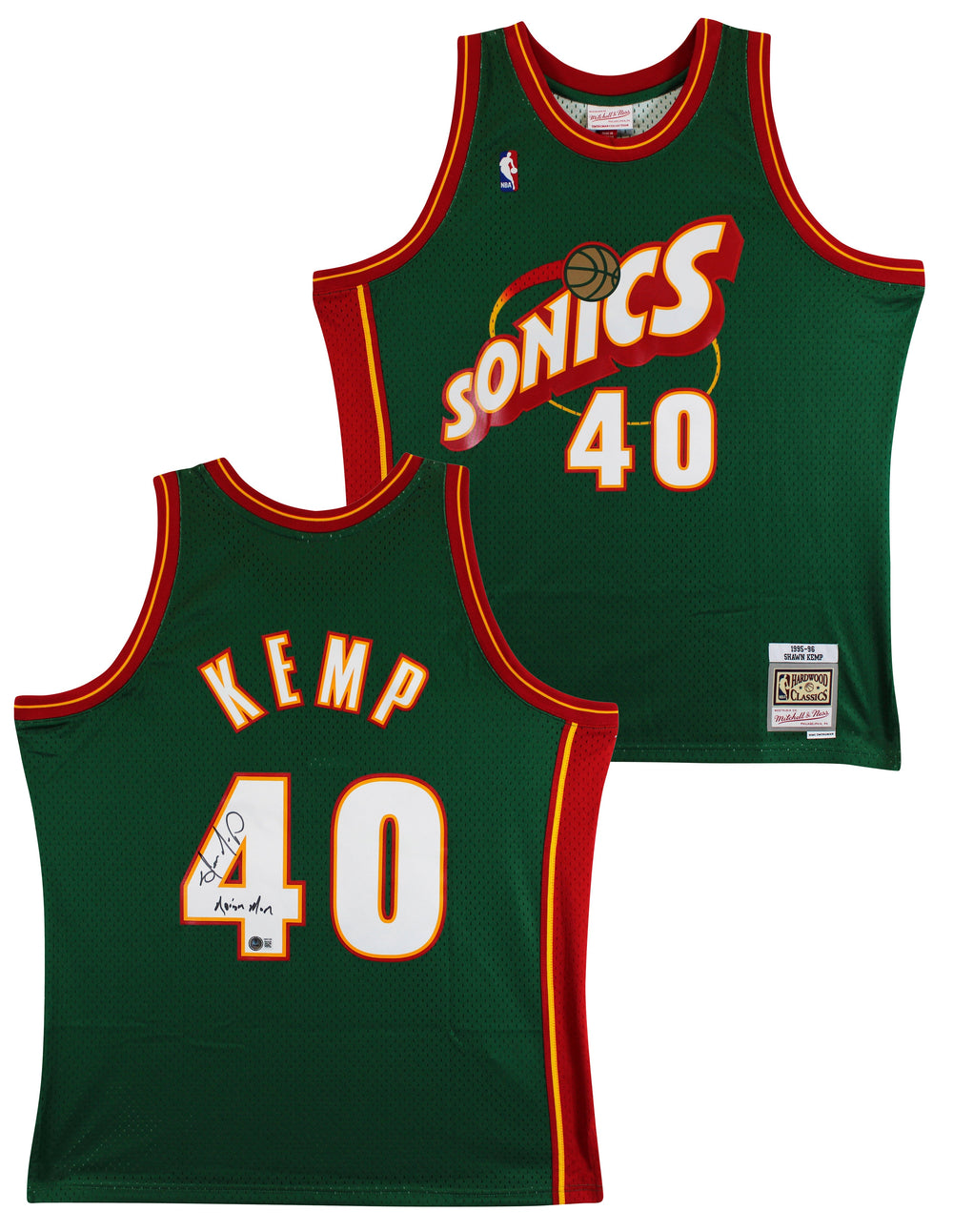 Sonics Shawn Kemp "Reign Man" Signed Green M&N 1995-96 HWC Swingman Jersey BAS W