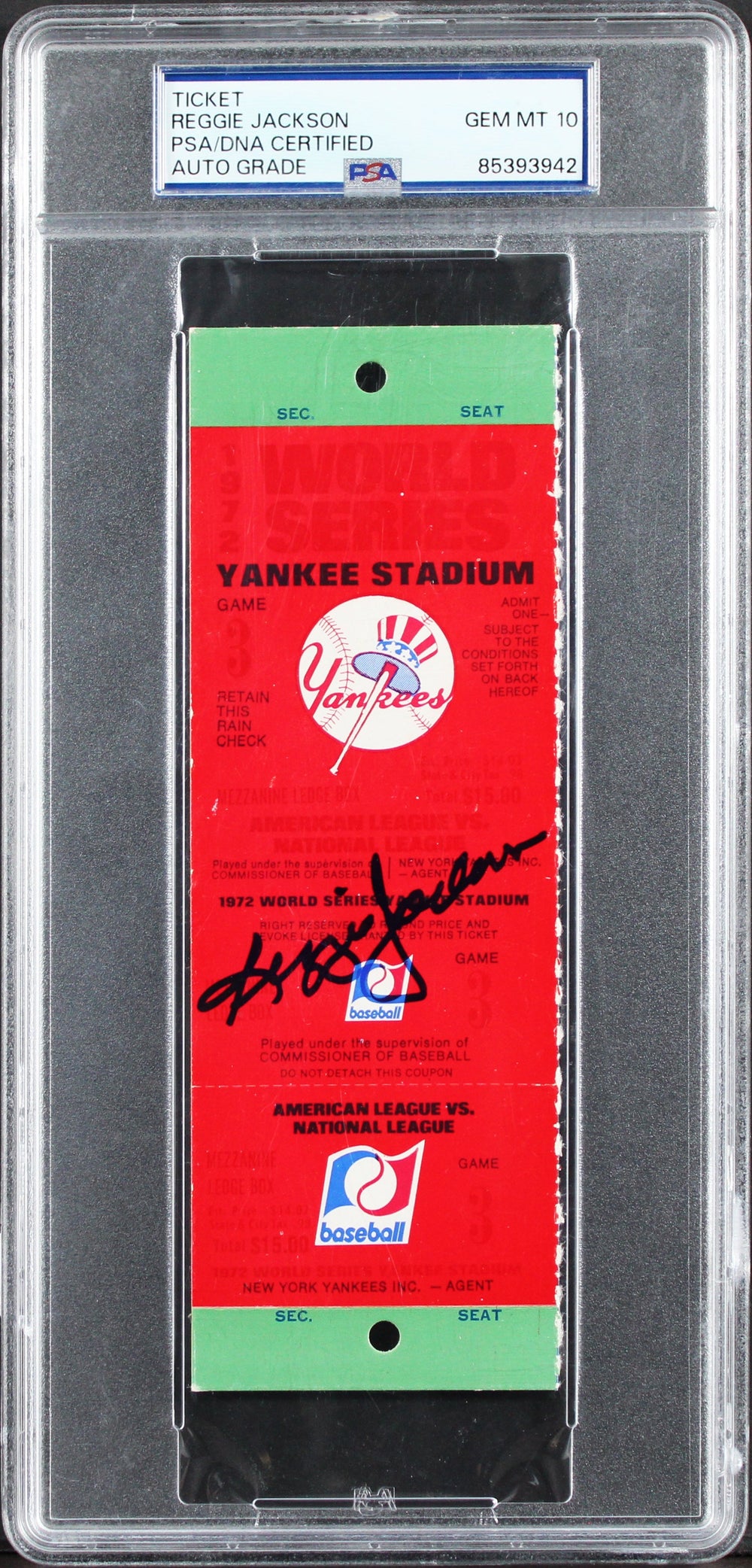 Athletics Reggie Jackson 1972 WS Game 3 Full Ticket Auto 10! PSA/DNA Slabbed