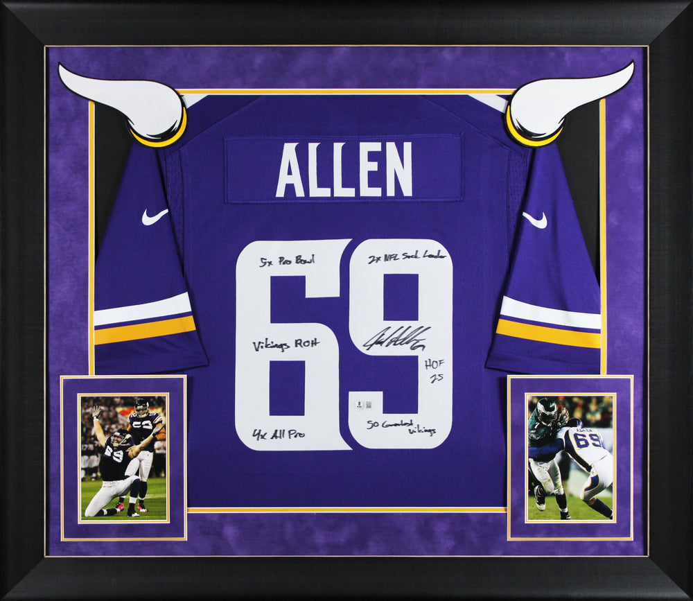 Vikings Jared Allen "6x Insc" Signed Purple Nike Limited Framed Jersey BAS Wit
