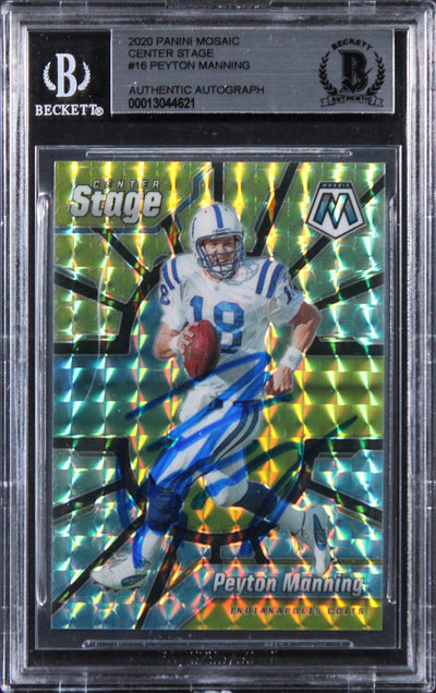 Colts Peyton Manning Signed 2020 Panini Mosaic Center Stage #16 Card BAS Slabbed