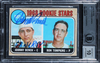 Reds Johnny Bench "68 NL ROY" Signed 1968 Topps #274A RC Card Auto 10! BAS Slab