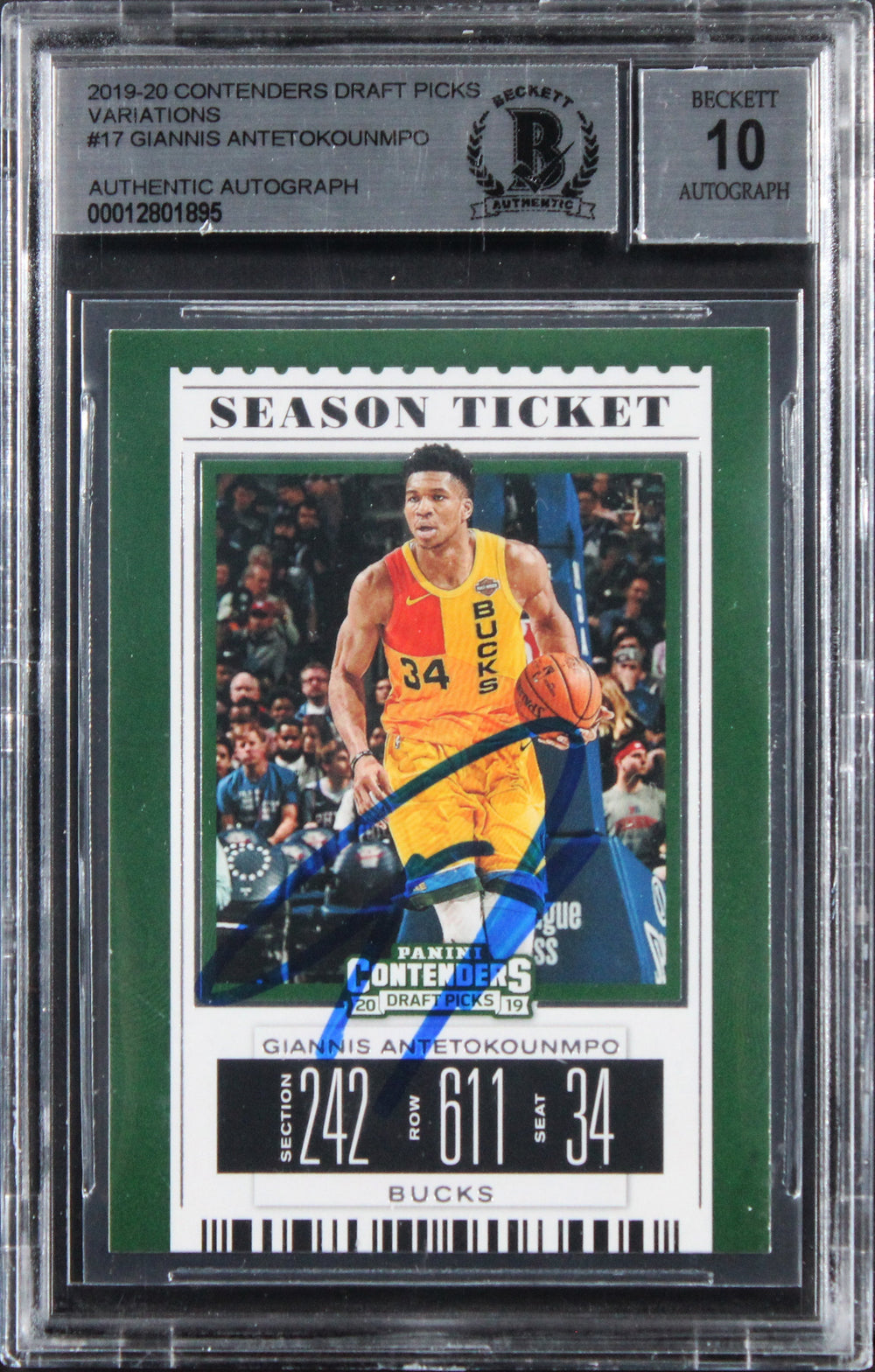Bucks Giannis Antetokounmpo Signed 2019 Contenders DP #317 Card Auto 10 BAS Slab