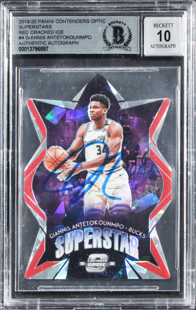 Bucks Giannis Antetokounmpo Signed 2019 Panini #4 Card Auto Grade 10! BAS Slab