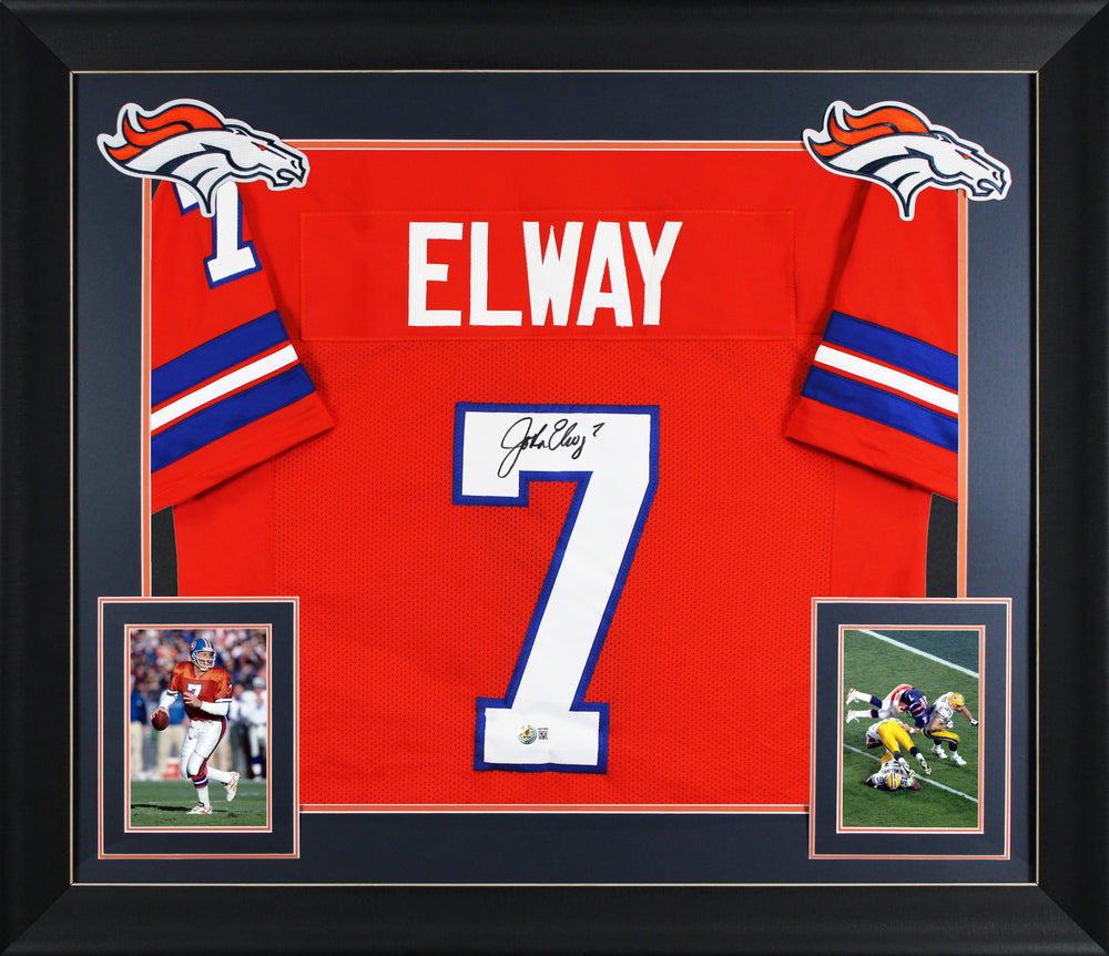 John Elway Signed Orange Throwback Pro Style Framed Jersey BAS Witnessed 2