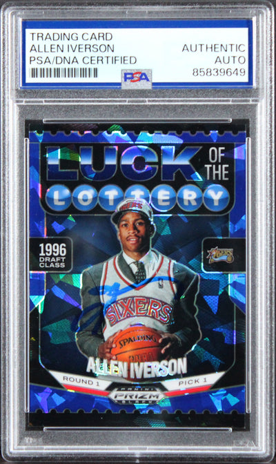 76ers Allen Iverson Signed 2024 Panini Prizm Lottery #1 67/125 Card PSA/DNA Slab