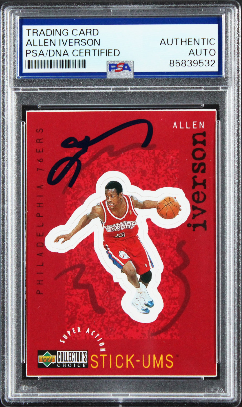76ers Allen Iverson Signed 1997 Upper Deck Stick-Ums #S20 Card PSA/DNA Slabbed