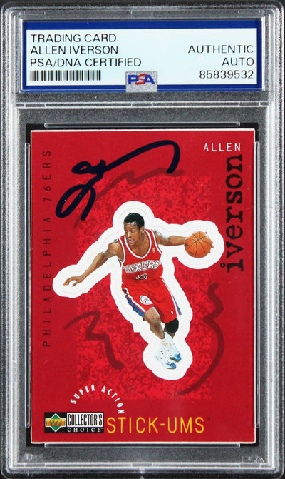 76ers Allen Iverson Signed 1997 Upper Deck Stick-Ums #S20 Card PSA/DNA Slabbed