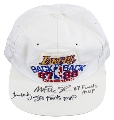 Magic Johnson & James Worthy "Finals MVP" Signed 1987-88 NBA Champions Hat BAS 1