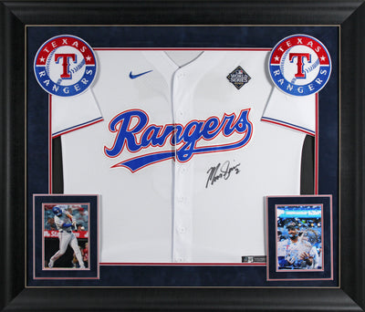 Rangers Marcus Semien Signed White Nike Framed Jersey w/ 2023 WS Patch BAS Wit