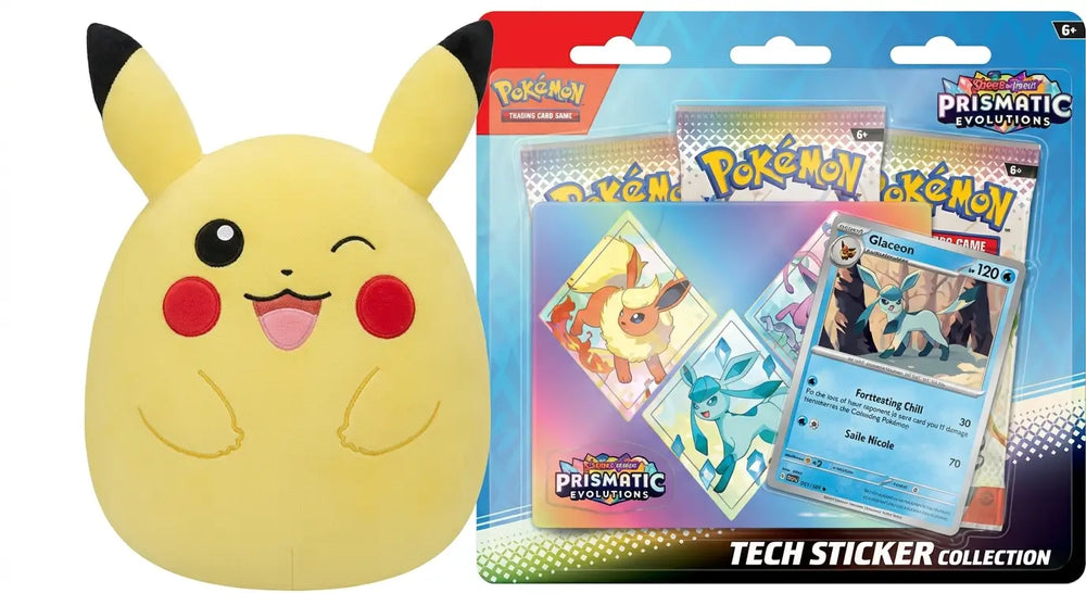 Pokémon TCG: Prismatic Evolutions Tech Sticker Collection Glaceon + Squishmallows 10" Pikachu Bundle