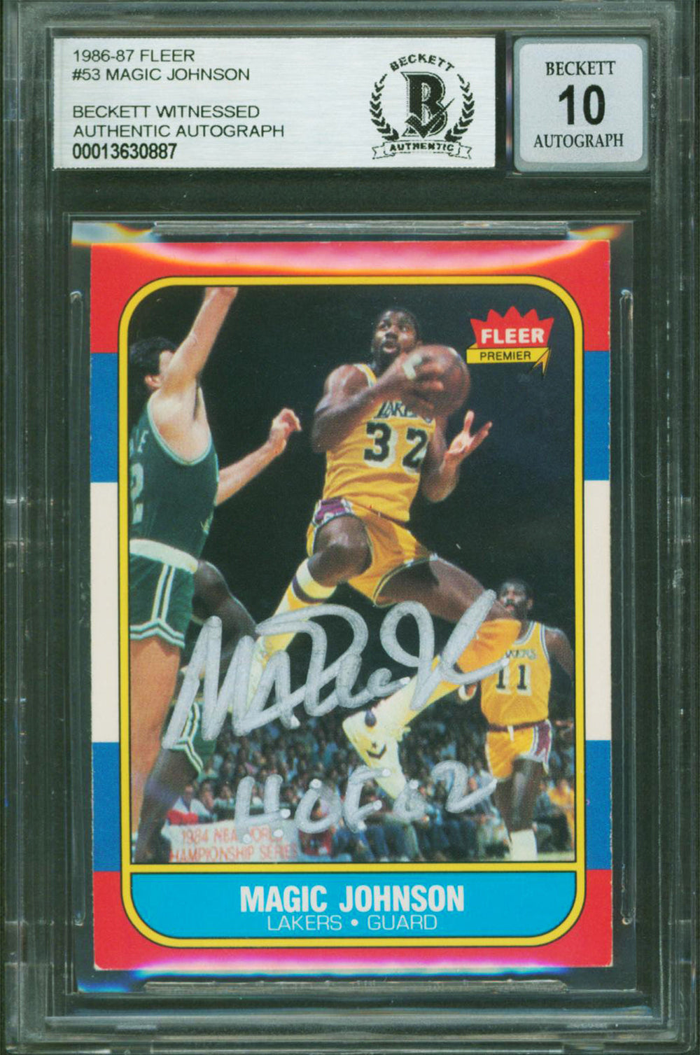 Lakers Magic Johnson "HOF 02" Signed 1986 Fleer #53 Card Auto 10! BAS Slabbed