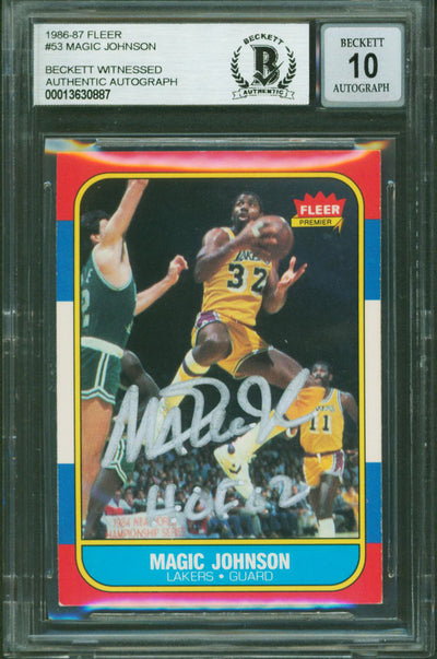 Lakers Magic Johnson "HOF 02" Signed 1986 Fleer #53 Card Auto 10! BAS Slabbed